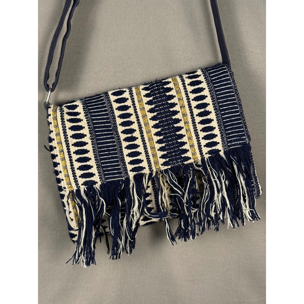 World Market Crossbody Bag Womens Navy Blue Gold Metallic Fringe Woven Geometric